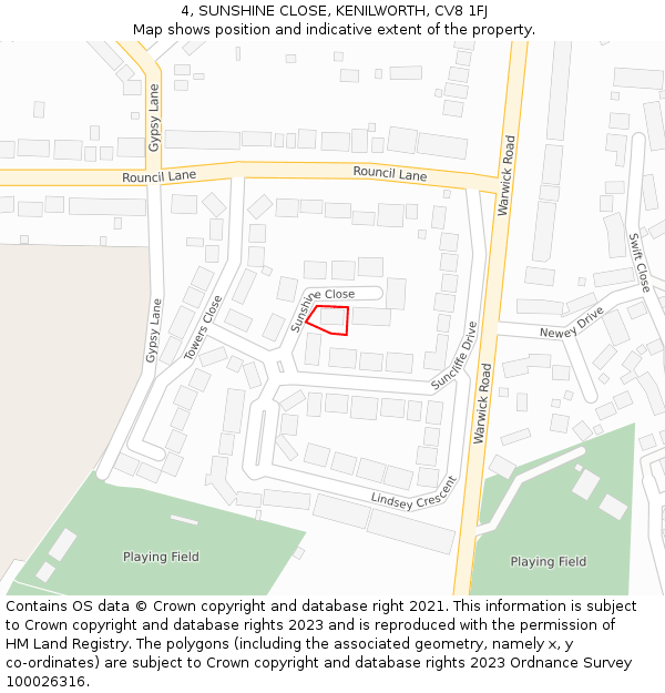 4, SUNSHINE CLOSE, KENILWORTH, CV8 1FJ: Location map and indicative extent of plot