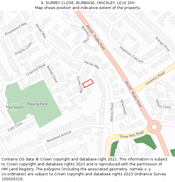 4, SURREY CLOSE, BURBAGE, HINCKLEY, LE10 2NY: Location map and indicative extent of plot