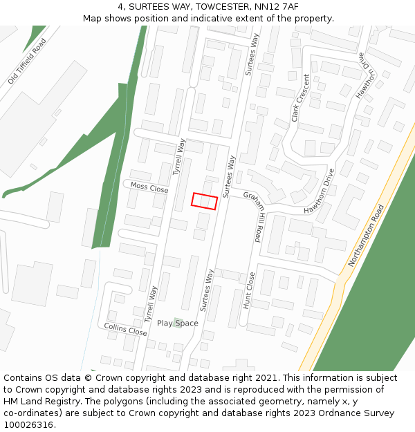 4, SURTEES WAY, TOWCESTER, NN12 7AF: Location map and indicative extent of plot