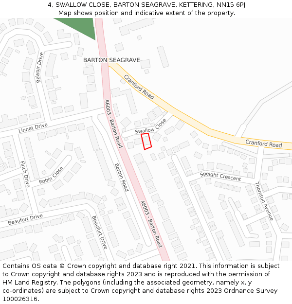 4, SWALLOW CLOSE, BARTON SEAGRAVE, KETTERING, NN15 6PJ: Location map and indicative extent of plot