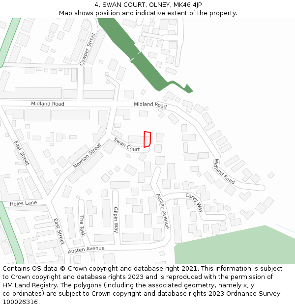 4, SWAN COURT, OLNEY, MK46 4JP: Location map and indicative extent of plot