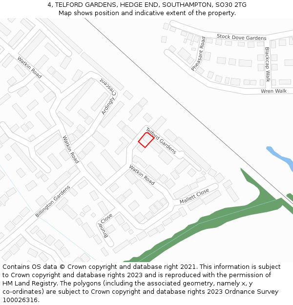 4, TELFORD GARDENS, HEDGE END, SOUTHAMPTON, SO30 2TG: Location map and indicative extent of plot