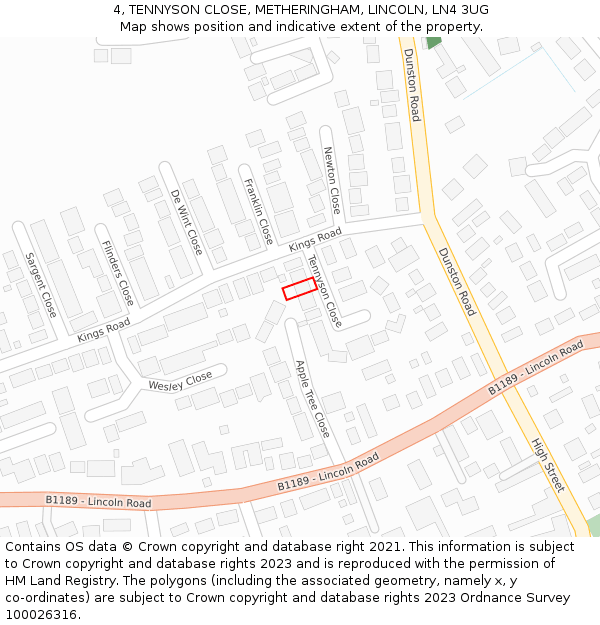 4, TENNYSON CLOSE, METHERINGHAM, LINCOLN, LN4 3UG: Location map and indicative extent of plot