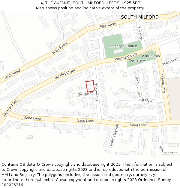 4, THE AVENUE, SOUTH MILFORD, LEEDS, LS25 5BB: Location map and indicative extent of plot