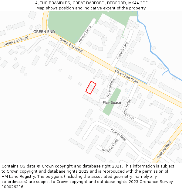 4, THE BRAMBLES, GREAT BARFORD, BEDFORD, MK44 3DF: Location map and indicative extent of plot