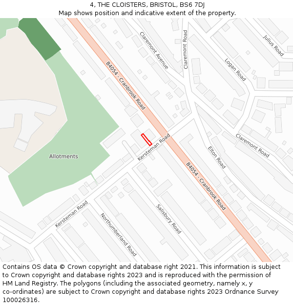 4, THE CLOISTERS, BRISTOL, BS6 7DJ: Location map and indicative extent of plot