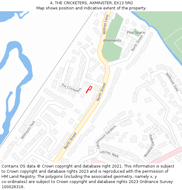 4, THE CRICKETERS, AXMINSTER, EX13 5RG: Location map and indicative extent of plot