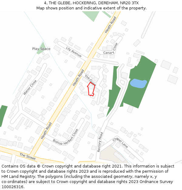 4, THE GLEBE, HOCKERING, DEREHAM, NR20 3TX: Location map and indicative extent of plot