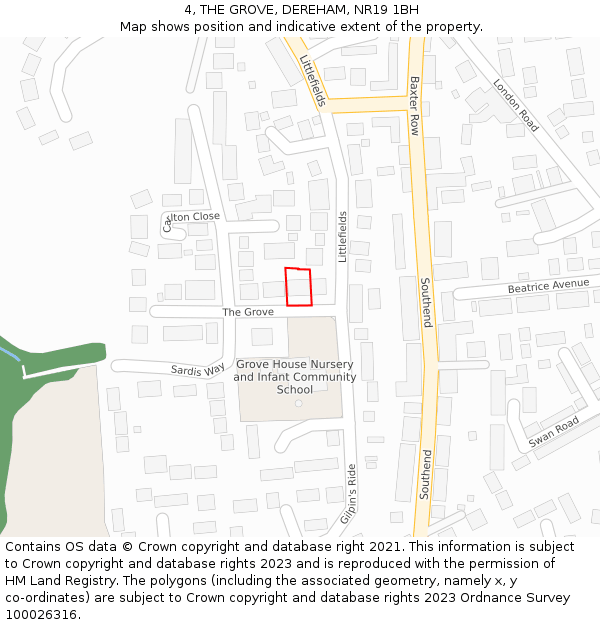4, THE GROVE, DEREHAM, NR19 1BH: Location map and indicative extent of plot