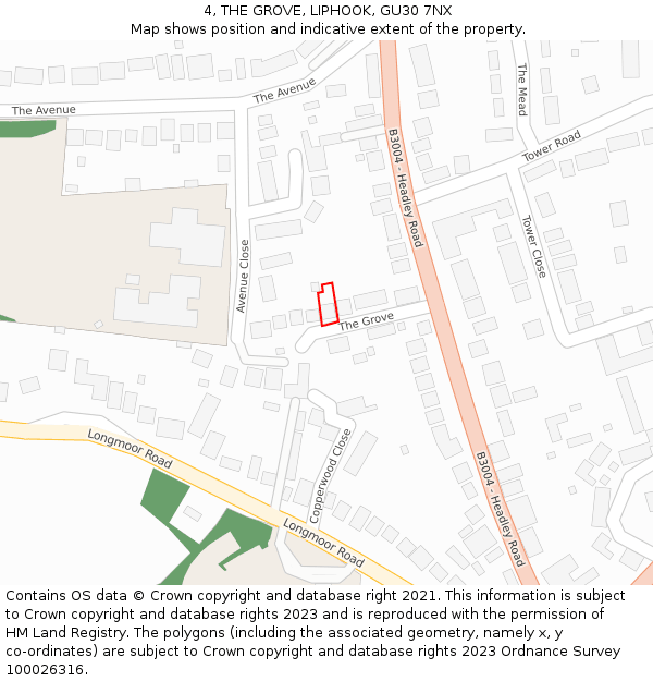 4, THE GROVE, LIPHOOK, GU30 7NX: Location map and indicative extent of plot