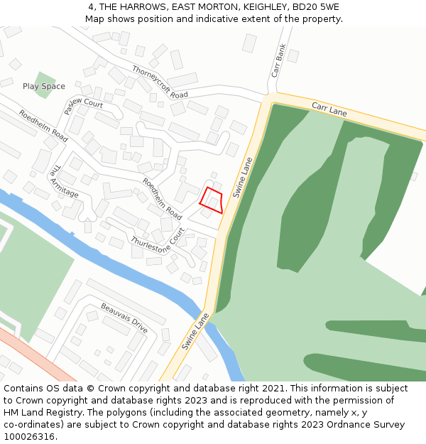 4, THE HARROWS, EAST MORTON, KEIGHLEY, BD20 5WE: Location map and indicative extent of plot
