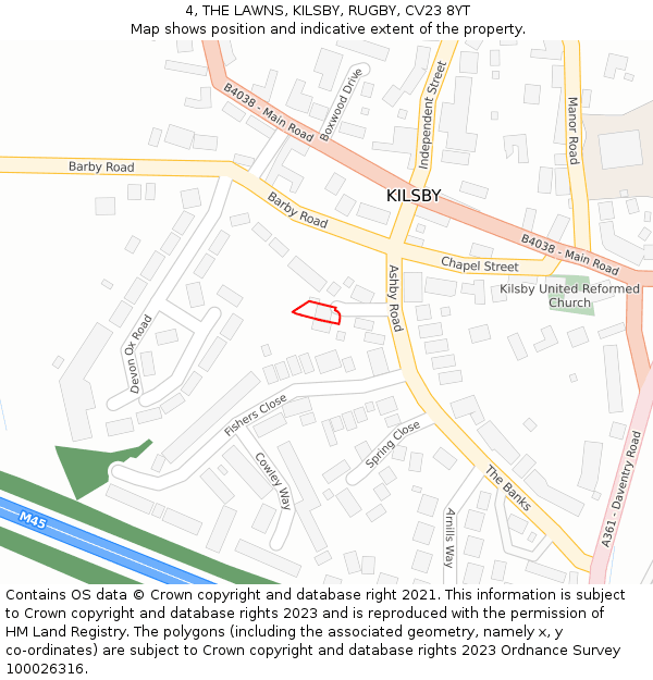 4, THE LAWNS, KILSBY, RUGBY, CV23 8YT: Location map and indicative extent of plot