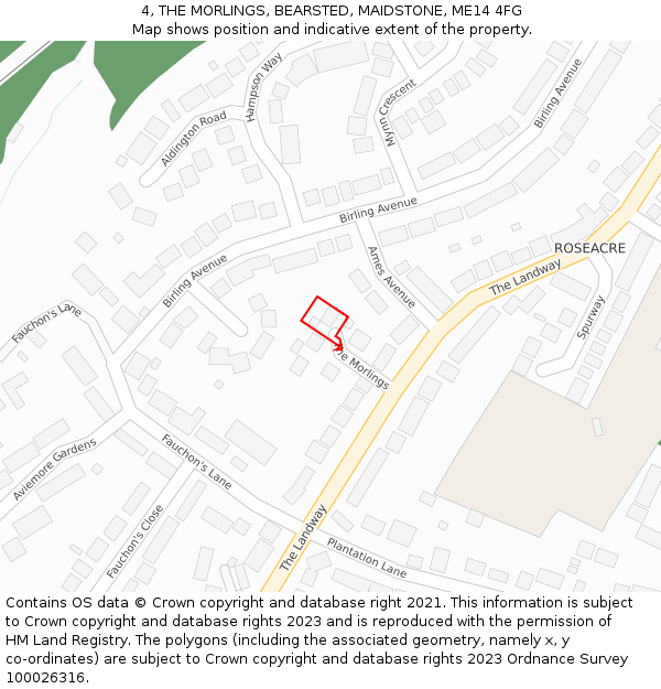 4, THE MORLINGS, BEARSTED, MAIDSTONE, ME14 4FG: Location map and indicative extent of plot