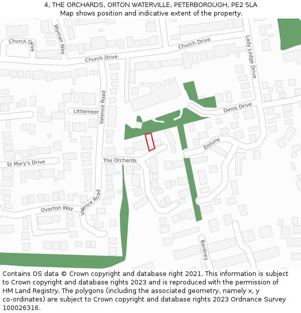 4, THE ORCHARDS, ORTON WATERVILLE, PETERBOROUGH, PE2 5LA: Location map and indicative extent of plot