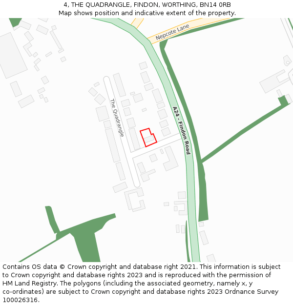 4, THE QUADRANGLE, FINDON, WORTHING, BN14 0RB: Location map and indicative extent of plot