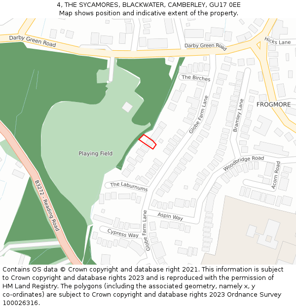 4, THE SYCAMORES, BLACKWATER, CAMBERLEY, GU17 0EE: Location map and indicative extent of plot