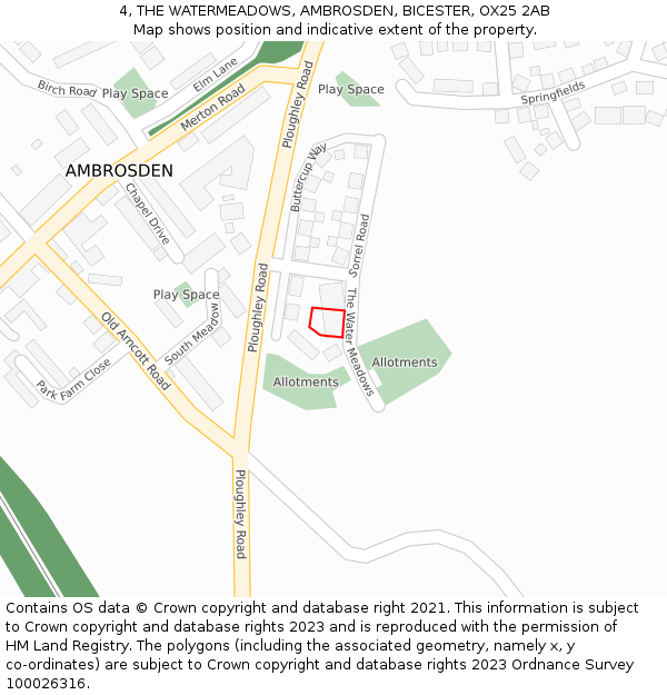 4, THE WATERMEADOWS, AMBROSDEN, BICESTER, OX25 2AB: Location map and indicative extent of plot