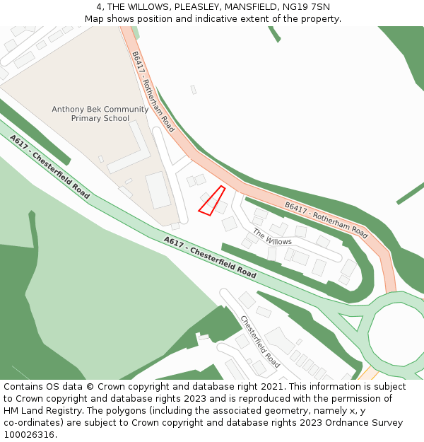 4, THE WILLOWS, PLEASLEY, MANSFIELD, NG19 7SN: Location map and indicative extent of plot
