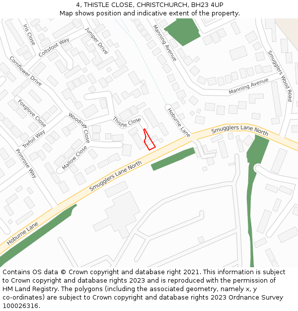4, THISTLE CLOSE, CHRISTCHURCH, BH23 4UP: Location map and indicative extent of plot