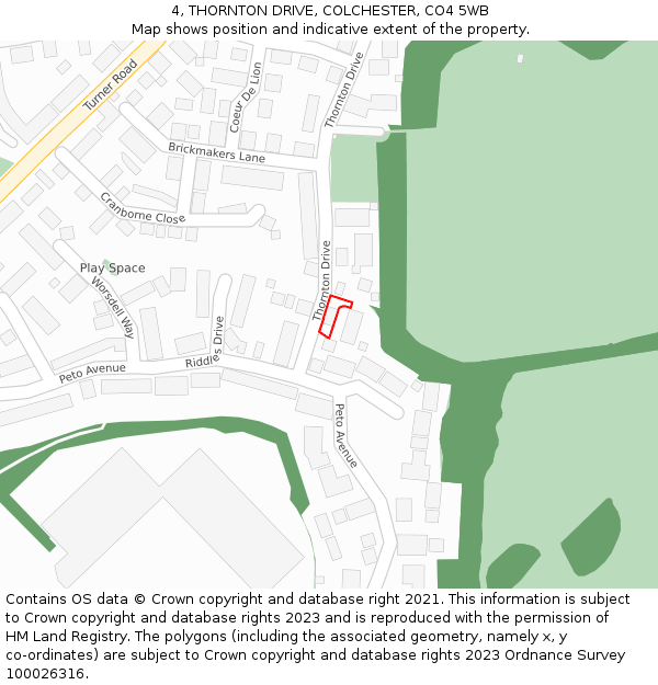 4, THORNTON DRIVE, COLCHESTER, CO4 5WB: Location map and indicative extent of plot