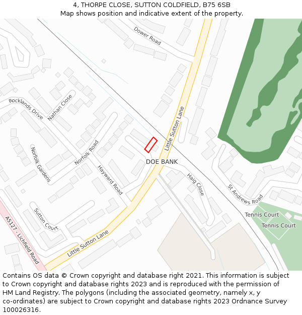 4, THORPE CLOSE, SUTTON COLDFIELD, B75 6SB: Location map and indicative extent of plot