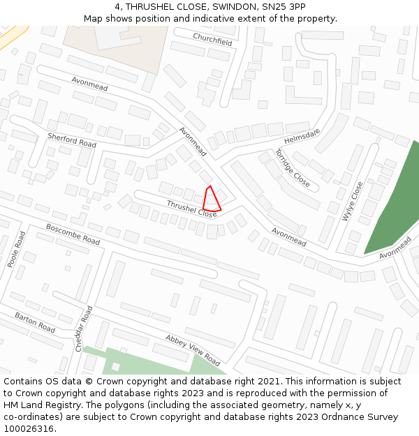 4, THRUSHEL CLOSE, SWINDON, SN25 3PP: Location map and indicative extent of plot