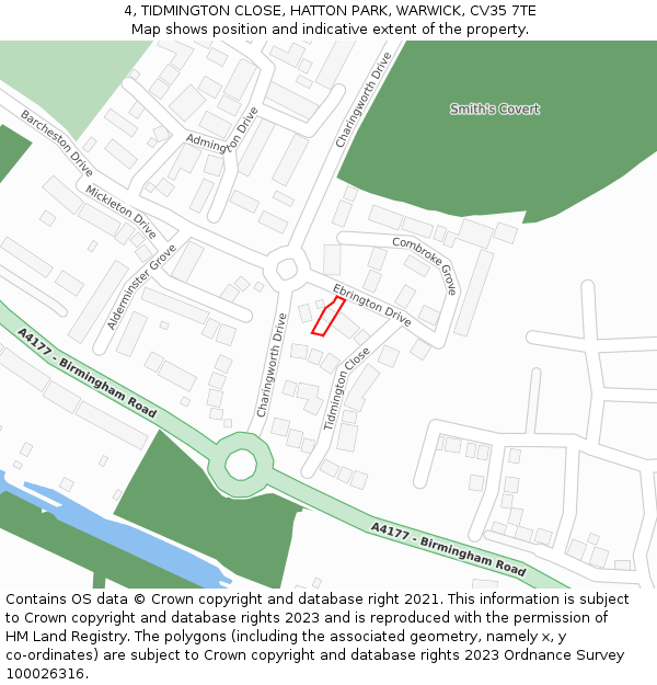 4, TIDMINGTON CLOSE, HATTON PARK, WARWICK, CV35 7TE: Location map and indicative extent of plot