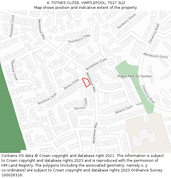4, TOTNES CLOSE, HARTLEPOOL, TS27 3LD: Location map and indicative extent of plot