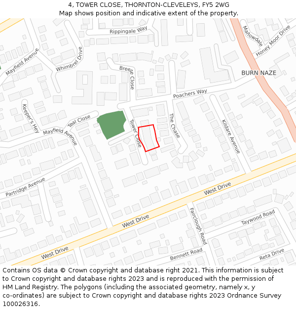 4, TOWER CLOSE, THORNTON-CLEVELEYS, FY5 2WG: Location map and indicative extent of plot