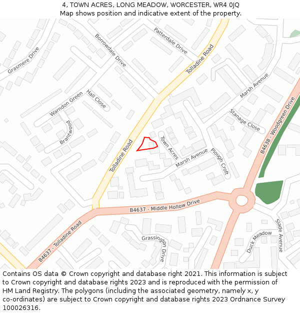 4, TOWN ACRES, LONG MEADOW, WORCESTER, WR4 0JQ: Location map and indicative extent of plot