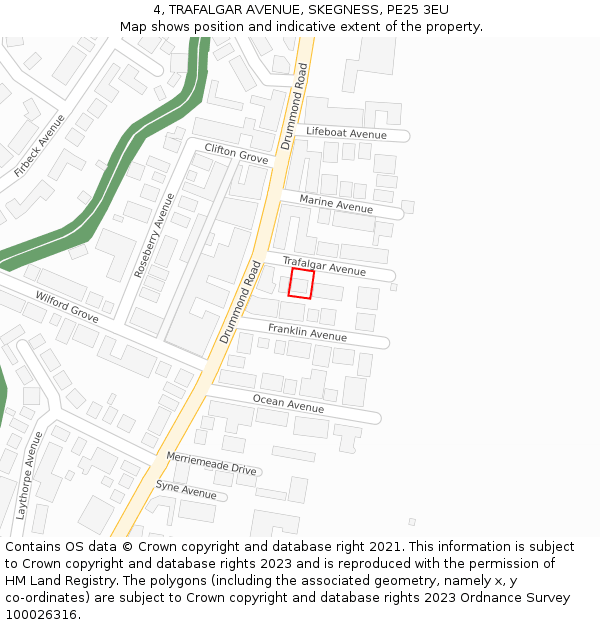 4, TRAFALGAR AVENUE, SKEGNESS, PE25 3EU: Location map and indicative extent of plot