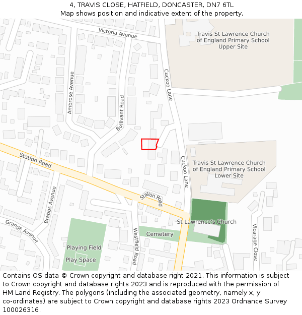 4, TRAVIS CLOSE, HATFIELD, DONCASTER, DN7 6TL: Location map and indicative extent of plot