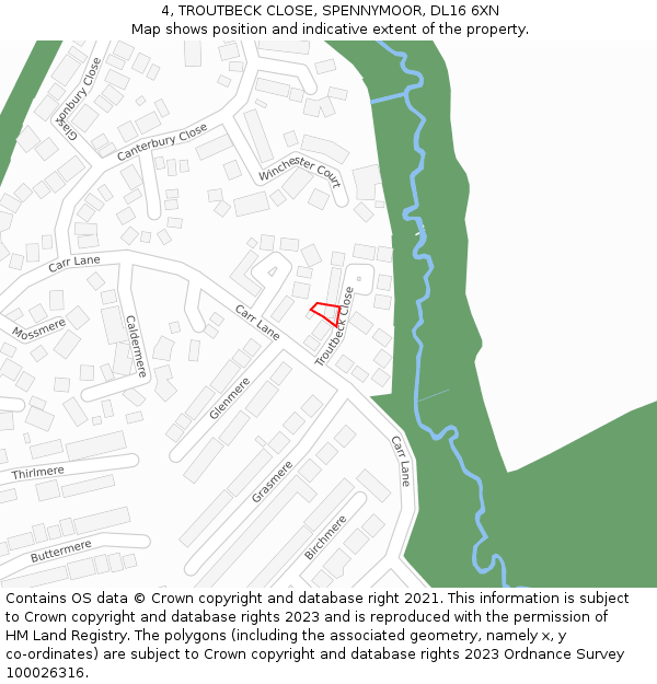 4, TROUTBECK CLOSE, SPENNYMOOR, DL16 6XN: Location map and indicative extent of plot