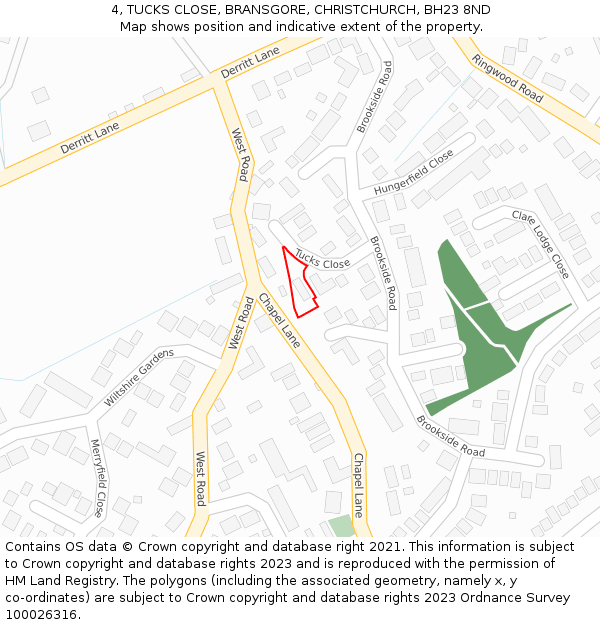 4, TUCKS CLOSE, BRANSGORE, CHRISTCHURCH, BH23 8ND: Location map and indicative extent of plot