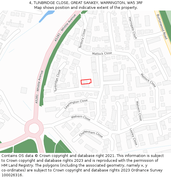 4, TUNBRIDGE CLOSE, GREAT SANKEY, WARRINGTON, WA5 3RF: Location map and indicative extent of plot