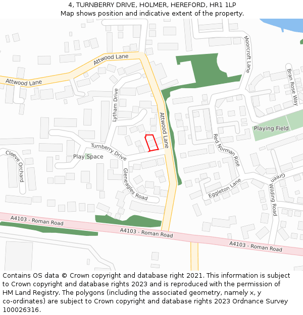 4, TURNBERRY DRIVE, HOLMER, HEREFORD, HR1 1LP: Location map and indicative extent of plot