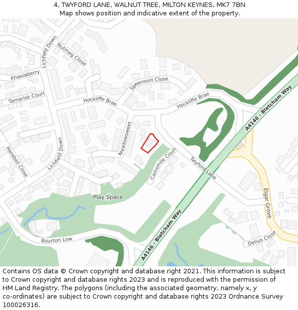 4, TWYFORD LANE, WALNUT TREE, MILTON KEYNES, MK7 7BN: Location map and indicative extent of plot