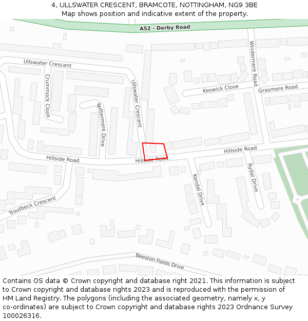 4, ULLSWATER CRESCENT, BRAMCOTE, NOTTINGHAM, NG9 3BE: Location map and indicative extent of plot