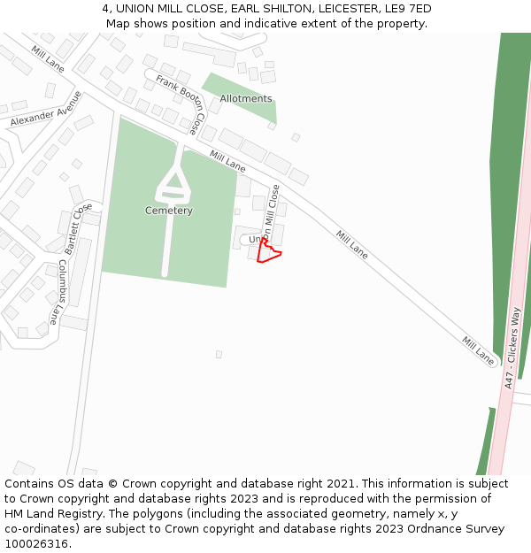 4, UNION MILL CLOSE, EARL SHILTON, LEICESTER, LE9 7ED: Location map and indicative extent of plot