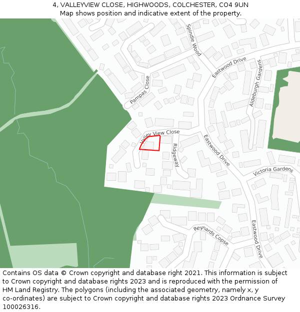 4, VALLEYVIEW CLOSE, HIGHWOODS, COLCHESTER, CO4 9UN: Location map and indicative extent of plot