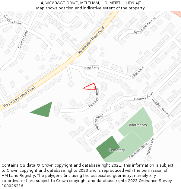 4, VICARAGE DRIVE, MELTHAM, HOLMFIRTH, HD9 4JE: Location map and indicative extent of plot