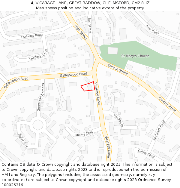 4, VICARAGE LANE, GREAT BADDOW, CHELMSFORD, CM2 8HZ: Location map and indicative extent of plot