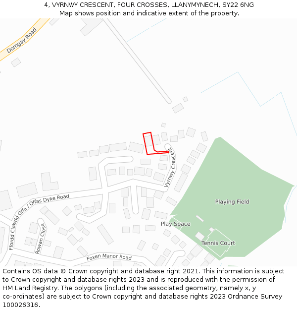 4, VYRNWY CRESCENT, FOUR CROSSES, LLANYMYNECH, SY22 6NG: Location map and indicative extent of plot
