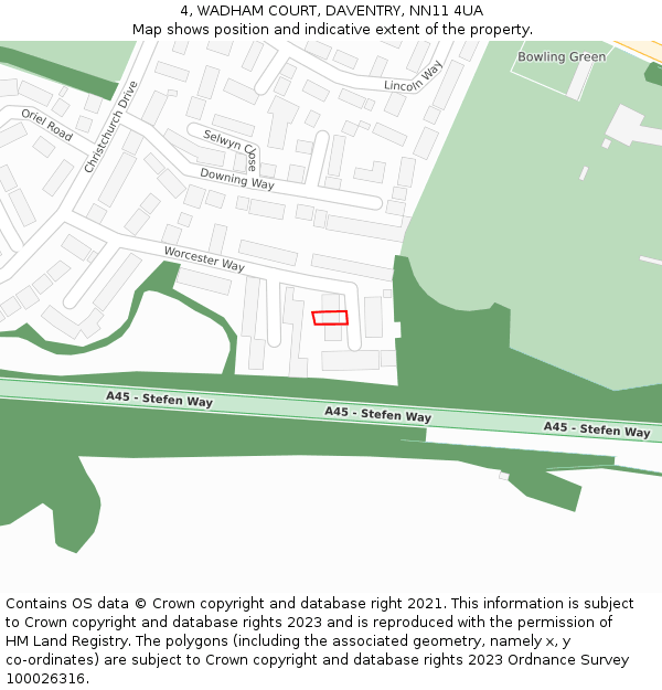 4, WADHAM COURT, DAVENTRY, NN11 4UA: Location map and indicative extent of plot