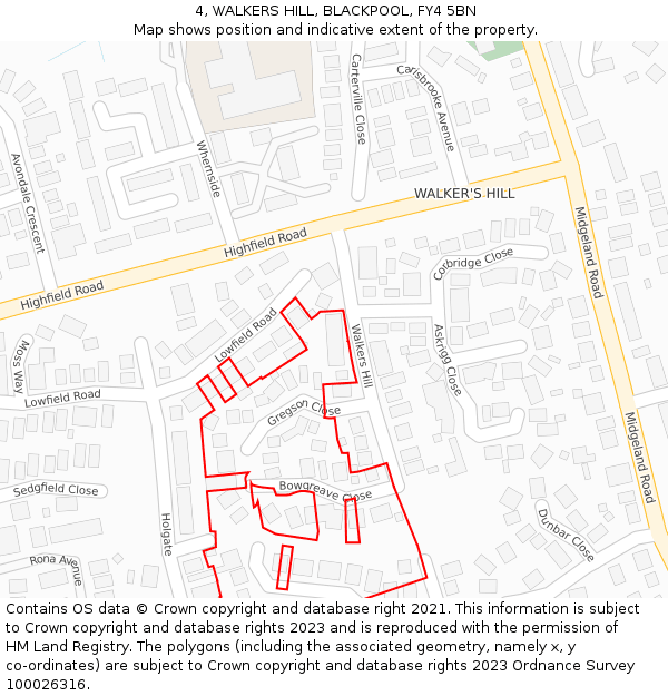 4, WALKERS HILL, BLACKPOOL, FY4 5BN: Location map and indicative extent of plot
