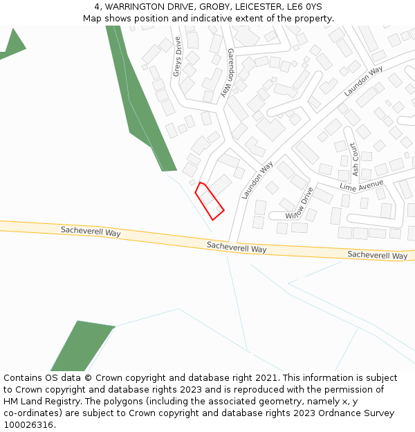 4, WARRINGTON DRIVE, GROBY, LEICESTER, LE6 0YS: Location map and indicative extent of plot