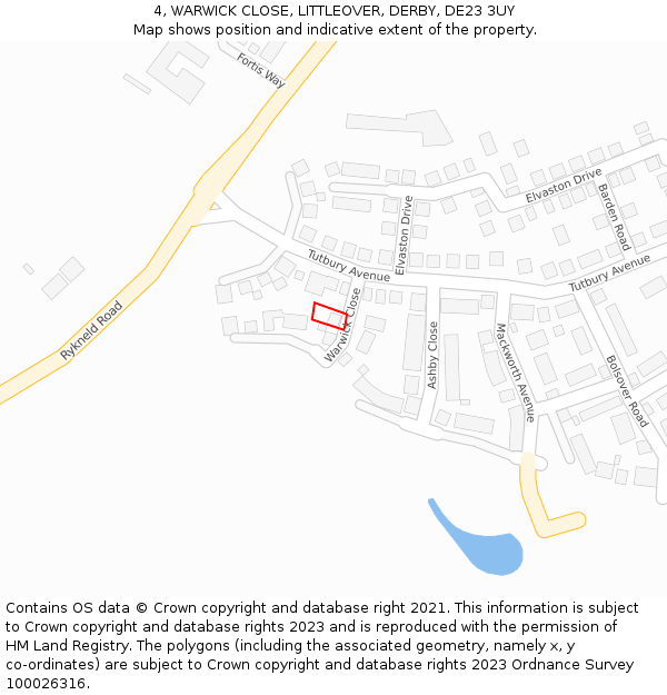 4, WARWICK CLOSE, LITTLEOVER, DERBY, DE23 3UY: Location map and indicative extent of plot