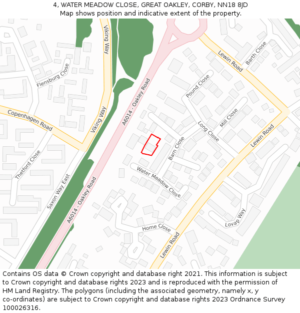 4, WATER MEADOW CLOSE, GREAT OAKLEY, CORBY, NN18 8JD: Location map and indicative extent of plot