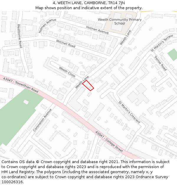 4, WEETH LANE, CAMBORNE, TR14 7JN: Location map and indicative extent of plot