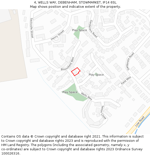 4, WELLS WAY, DEBENHAM, STOWMARKET, IP14 6SL: Location map and indicative extent of plot